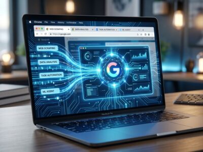 Gemini Spark AI agent controlling a Chrome browser window with automated web tasks and data streams