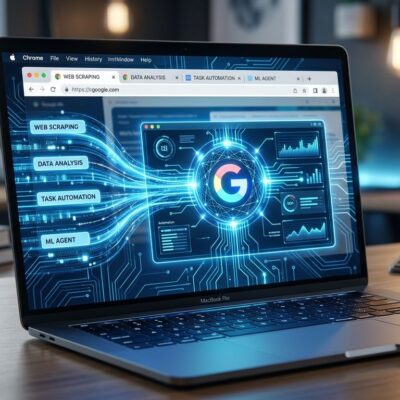 Gemini Spark AI agent controlling a Chrome browser window with automated web tasks and data streams