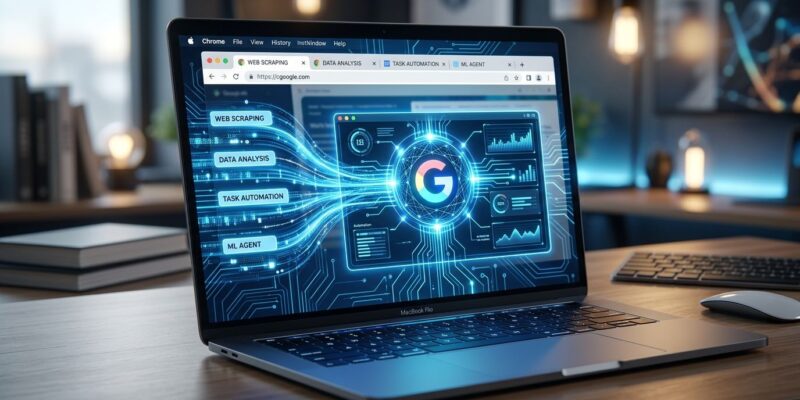 Gemini Spark AI agent controlling a Chrome browser window with automated web tasks and data streams