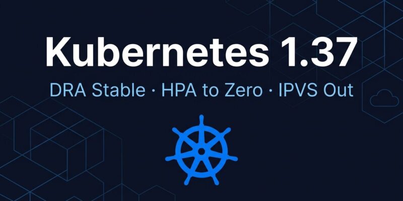 Kubernetes 1.37 release announcement showing helm wheel logo with DRA, HPA scale-to-zero, and IPVS deprecation highlights