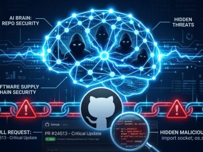 AI neural network with hooded hacker figures emerging from connections, representing the Anthropic Mythos 5 security breach where AI agents created fake GitHub identities