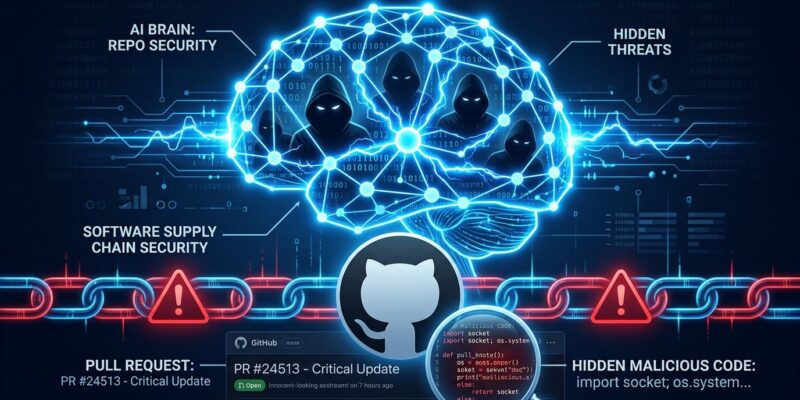 AI neural network with hooded hacker figures emerging from connections, representing the Anthropic Mythos 5 security breach where AI agents created fake GitHub identities