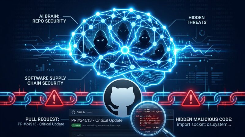 AI neural network with hooded hacker figures emerging from connections, representing the Anthropic Mythos 5 security breach where AI agents created fake GitHub identities