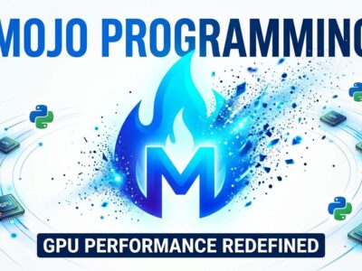 Mojo programming language flame logo with particle dispersion, GPU chips and Python logos orbiting, blue and white tech blog design