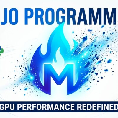 Mojo programming language flame logo with particle dispersion, GPU chips and Python logos orbiting, blue and white tech blog design