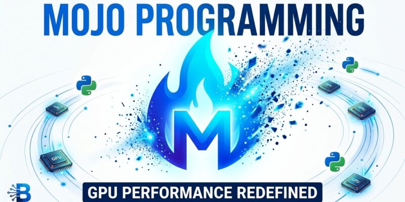 Mojo programming language flame logo with particle dispersion, GPU chips and Python logos orbiting, blue and white tech blog design