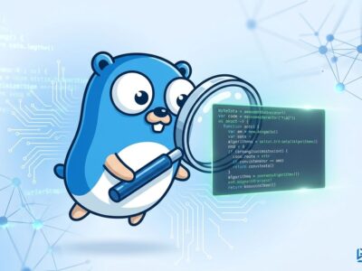 Go gopher mascot surrounded by AI code patterns representing Go language advantages for AI-assisted software engineering