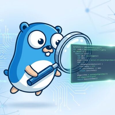 Go gopher mascot surrounded by AI code patterns representing Go language advantages for AI-assisted software engineering