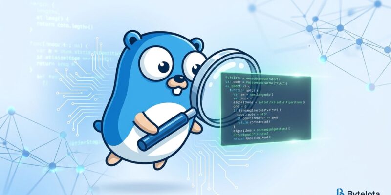Go gopher mascot surrounded by AI code patterns representing Go language advantages for AI-assisted software engineering