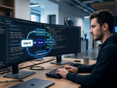 Developer at workstation with split screens showing AGENTS.md specification and automated test runner with green checkmarks, visualizing agentic engineering workflow