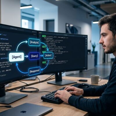 Developer at workstation with split screens showing AGENTS.md specification and automated test runner with green checkmarks, visualizing agentic engineering workflow