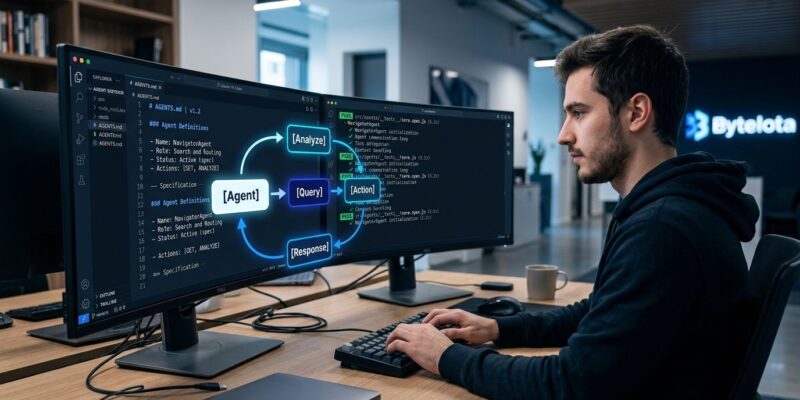 Developer at workstation with split screens showing AGENTS.md specification and automated test runner with green checkmarks, visualizing agentic engineering workflow