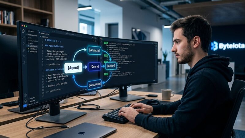 Developer at workstation with split screens showing AGENTS.md specification and automated test runner with green checkmarks, visualizing agentic engineering workflow