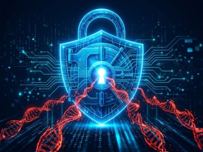 A digital vault lock with glowing blue circuit lines and red exploit chain strands, representing OpenAI's GPT-5.6-Cyber offense-grade cybersecurity AI model