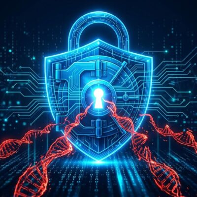 A digital vault lock with glowing blue circuit lines and red exploit chain strands, representing OpenAI's GPT-5.6-Cyber offense-grade cybersecurity AI model
