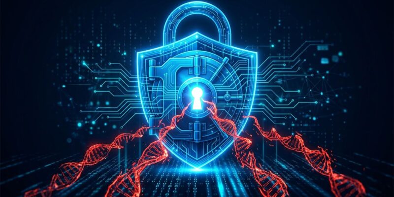 A digital vault lock with glowing blue circuit lines and red exploit chain strands, representing OpenAI's GPT-5.6-Cyber offense-grade cybersecurity AI model