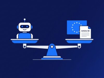 Digital scale balancing AI chatbot icon against EU flag and Article 50 document, representing EU AI Act compliance for developers