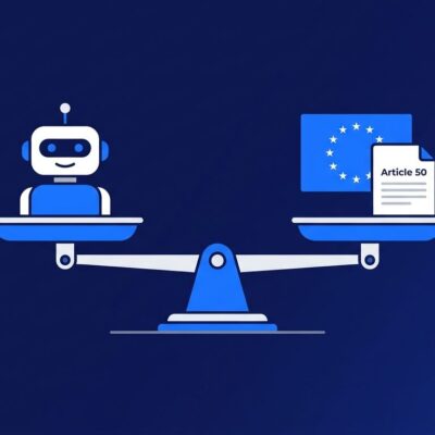 Digital scale balancing AI chatbot icon against EU flag and Article 50 document, representing EU AI Act compliance for developers