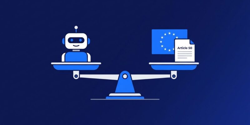 Digital scale balancing AI chatbot icon against EU flag and Article 50 document, representing EU AI Act compliance for developers