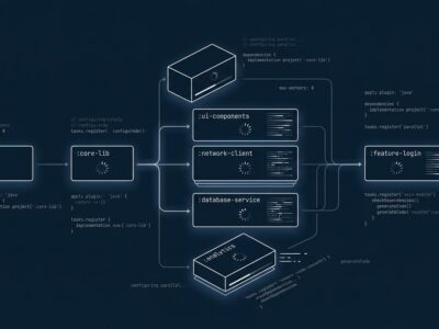 Abstract visualization of parallel project modules in Gradle 9.7 Isolated Projects build system