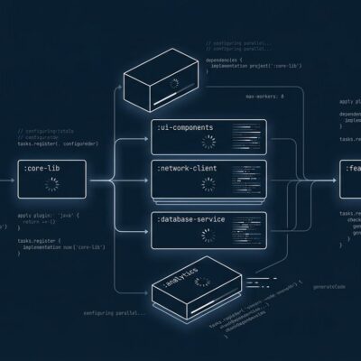 Abstract visualization of parallel project modules in Gradle 9.7 Isolated Projects build system