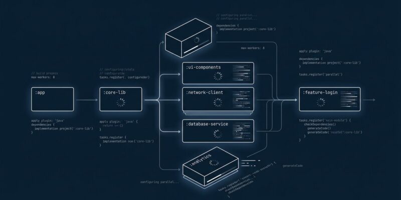 Abstract visualization of parallel project modules in Gradle 9.7 Isolated Projects build system