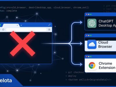 Browser window with shutdown symbol transitioning to ChatGPT desktop app, cloud browser, and Chrome extension — OpenAI Atlas migration