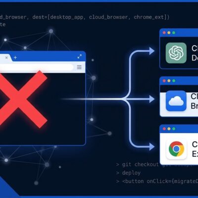 Browser window with shutdown symbol transitioning to ChatGPT desktop app, cloud browser, and Chrome extension — OpenAI Atlas migration