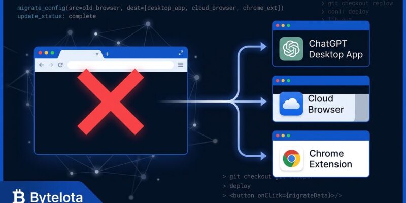 Browser window with shutdown symbol transitioning to ChatGPT desktop app, cloud browser, and Chrome extension — OpenAI Atlas migration