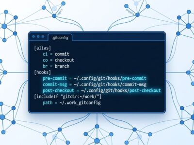 Terminal window showing Git 2.54 config-based hooks in .gitconfig with blue highlighted hook configuration syntax