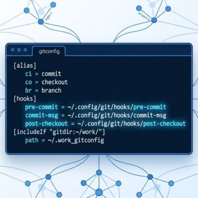Terminal window showing Git 2.54 config-based hooks in .gitconfig with blue highlighted hook configuration syntax