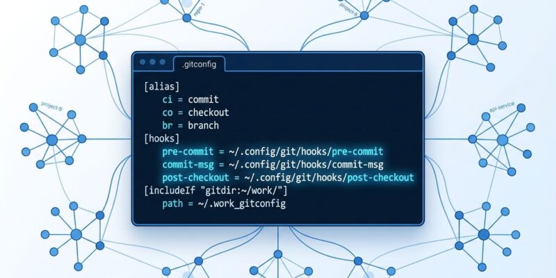 Terminal window showing Git 2.54 config-based hooks in .gitconfig with blue highlighted hook configuration syntax