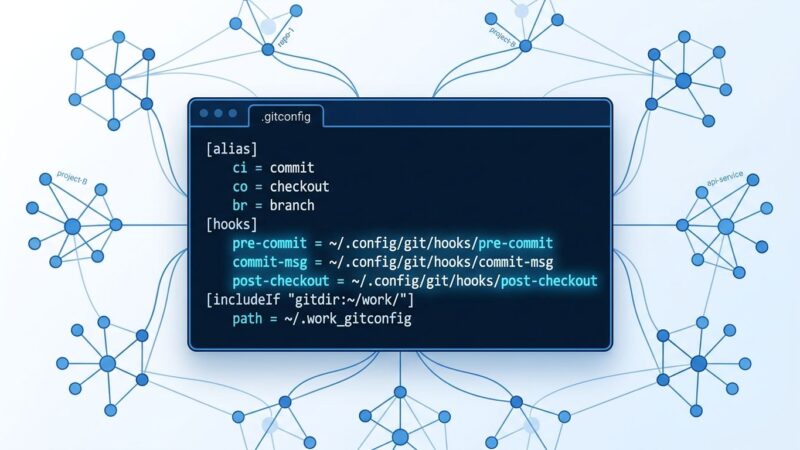 Terminal window showing Git 2.54 config-based hooks in .gitconfig with blue highlighted hook configuration syntax