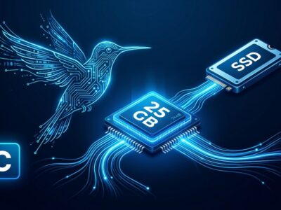 Colibri inference engine diagram showing a hummingbird made of circuit traces streaming expert model weights from NVMe to RAM