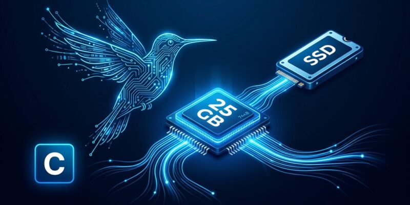 Colibri inference engine diagram showing a hummingbird made of circuit traces streaming expert model weights from NVMe to RAM