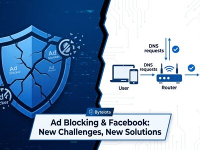 Split-screen illustration showing a cracked ad blocker shield on the left and DNS-level network blocking diagram on the right