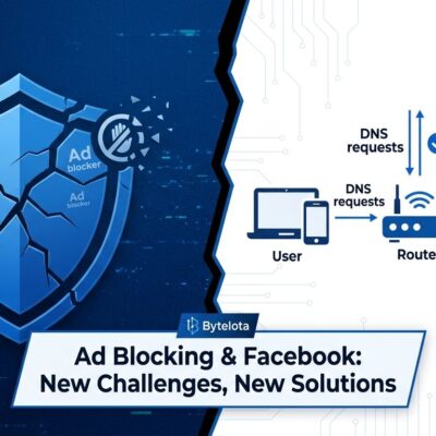 Split-screen illustration showing a cracked ad blocker shield on the left and DNS-level network blocking diagram on the right