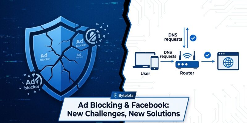 Split-screen illustration showing a cracked ad blocker shield on the left and DNS-level network blocking diagram on the right