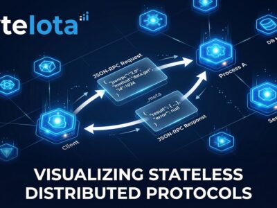 Abstract visualization of MCP stateless protocol architecture with blue network nodes and white request-response arrows on dark navy background