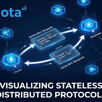 Abstract visualization of MCP stateless protocol architecture with blue network nodes and white request-response arrows on dark navy background