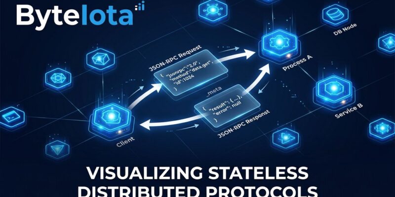 Abstract visualization of MCP stateless protocol architecture with blue network nodes and white request-response arrows on dark navy background