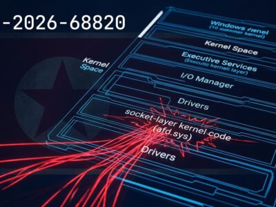 Windows kernel afd.sys driver diagram showing CVE-2026-68820 race condition exploit used by Lazarus Group