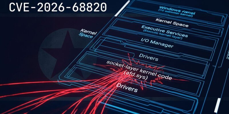 Windows kernel afd.sys driver diagram showing CVE-2026-68820 race condition exploit used by Lazarus Group