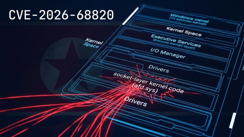 Windows kernel afd.sys driver diagram showing CVE-2026-68820 race condition exploit used by Lazarus Group