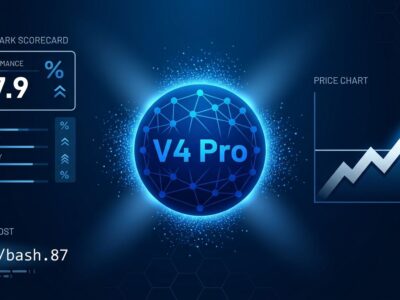 DeepSeek V4 Pro 0813 neural network node with benchmark scorecard and rising price chart arrow