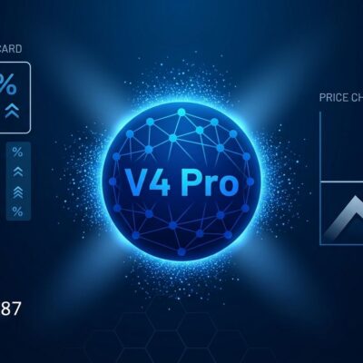 DeepSeek V4 Pro 0813 neural network node with benchmark scorecard and rising price chart arrow