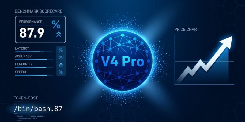DeepSeek V4 Pro 0813 neural network node with benchmark scorecard and rising price chart arrow