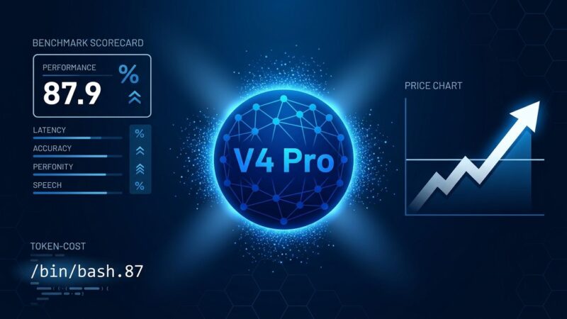DeepSeek V4 Pro 0813 neural network node with benchmark scorecard and rising price chart arrow