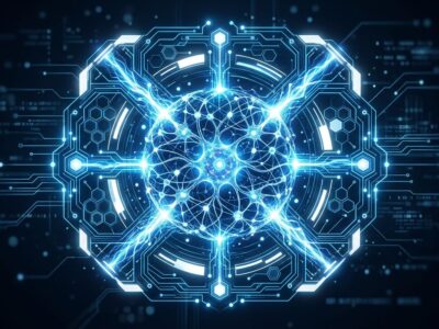 Diagram showing AI agent harness architecture with glowing blue circuit lines and neural network core