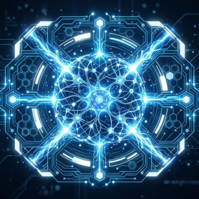 Diagram showing AI agent harness architecture with glowing blue circuit lines and neural network core